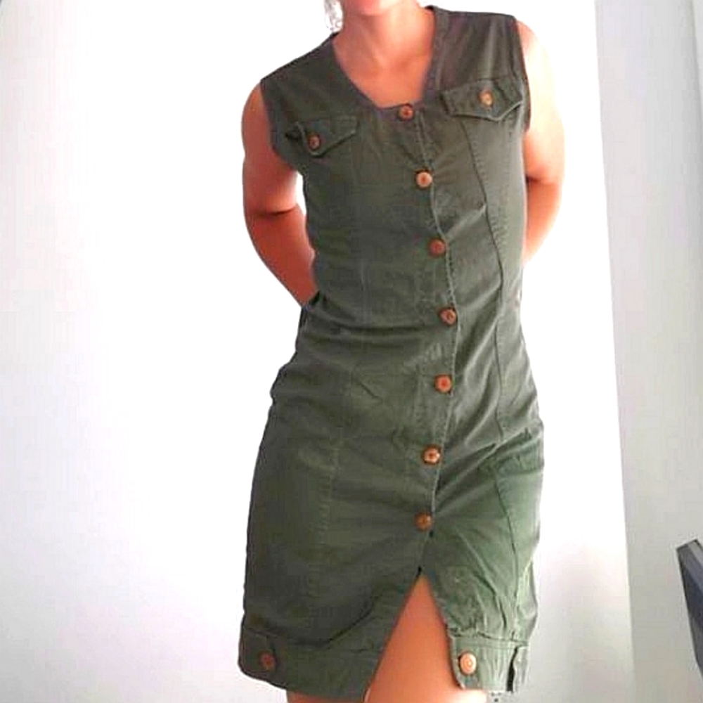 Vintage cotton twill sleeveless button dress xs